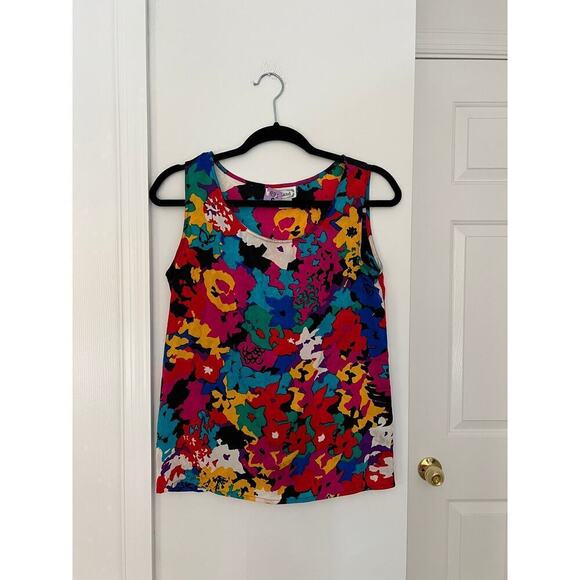Vintage Tops - Vintage Rainbow Floral 100% Pure Silk Tank Top